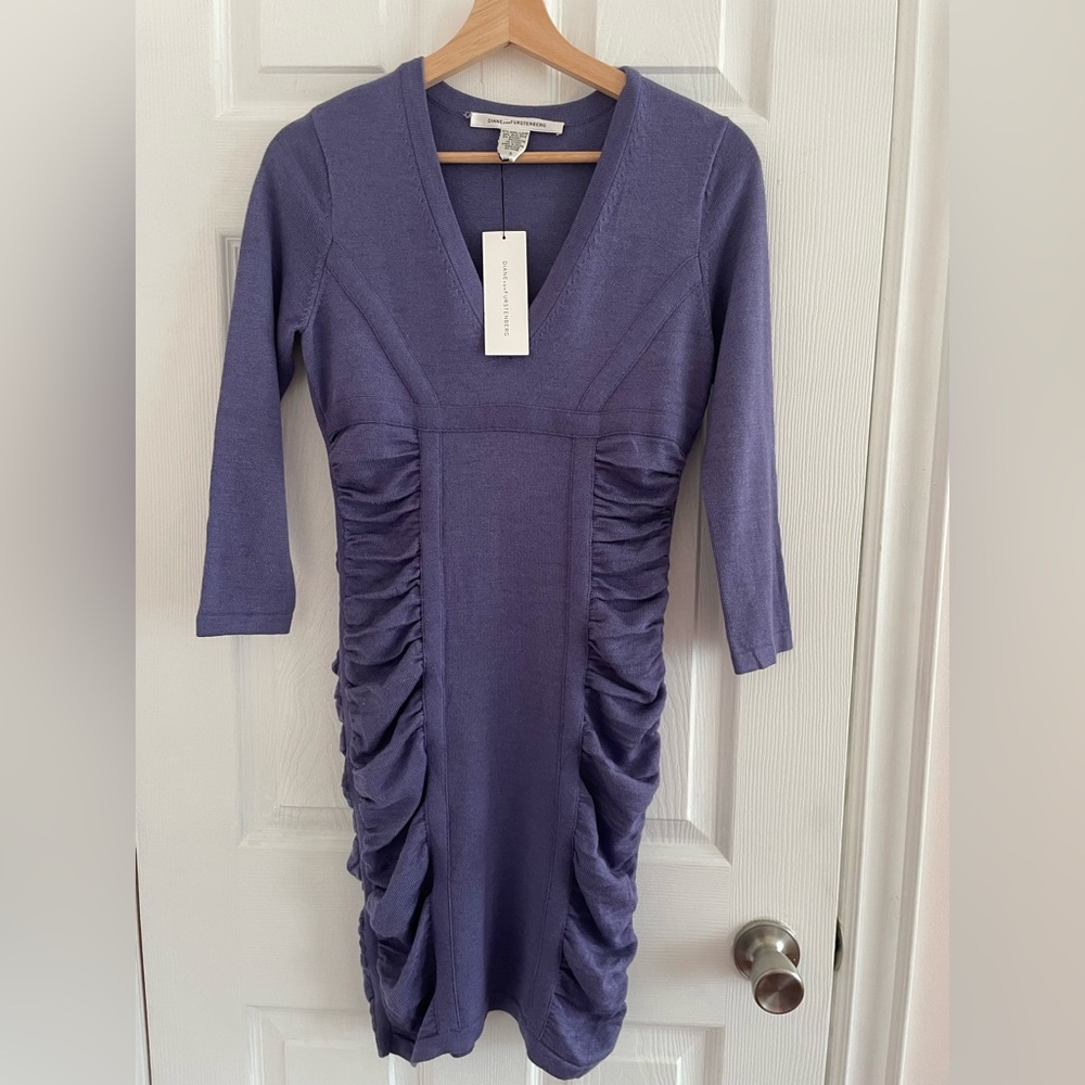 NWT Diane von Furstenberg Wool Silk Ruched Bodycon Sweater Dress Size S